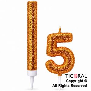 SET BENGALA Y VELA NUMERAL NUMERO 5 CON GIBRE ORO